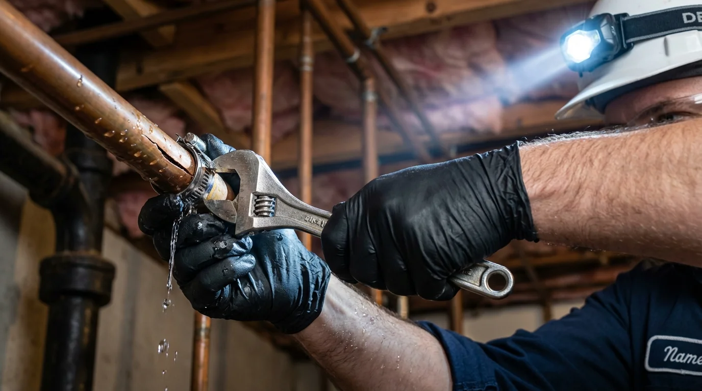 Emergency pipe clamp repair being performed by a Johns Plumbing LLC plumber in Cowarts