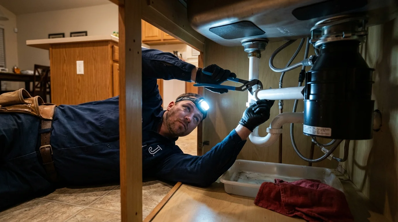 P-trap and supply line connections under a kitchen sink showing a common leak point in Cowarts, AL